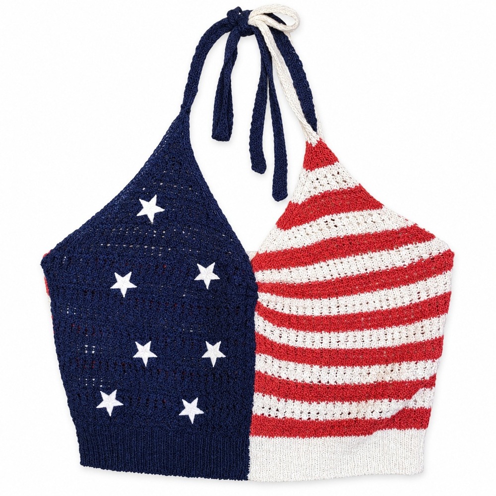 American Eagle M Crochet USA Flag Halter Crop Top Red White Blue Festival NWT